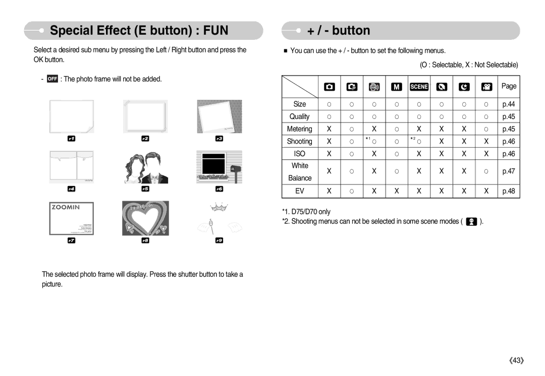 Samsung EC-D60ZZBFL/E1, EC-D70ZZBBC/FR, EC-D70ZZBBB/FR, EC-D60ZZSFM/E1 manual Special Effect EFunbutton FUN, + / button 