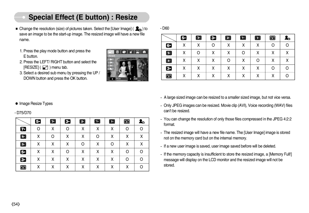 Samsung EC-D70ZZBDB/DE, EC-D70ZZBBC/FR manual Special Effect E button Resize, Resize menu tab, Image Resize Types D75/D70 