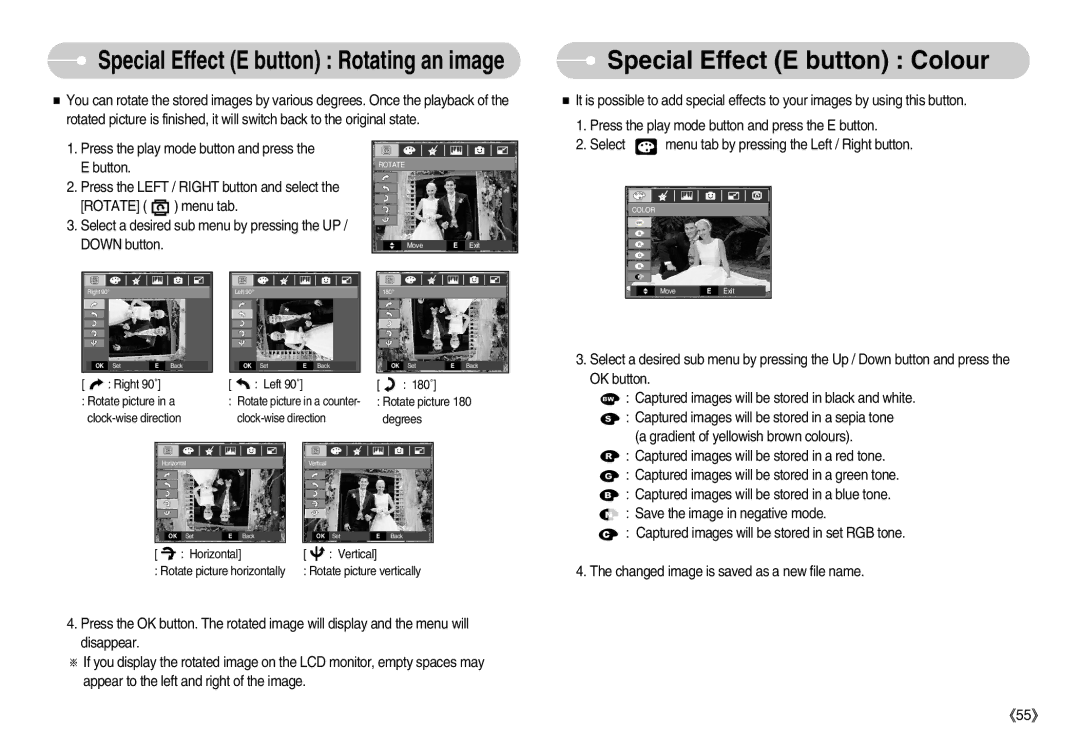 Samsung EC-D70ZZBBC/FR, EC-D70ZZBBB/FR, EC-D60ZZBFL/E1, EC-D60ZZSFM/E1 Special Effect E button Rotating an image, Select 