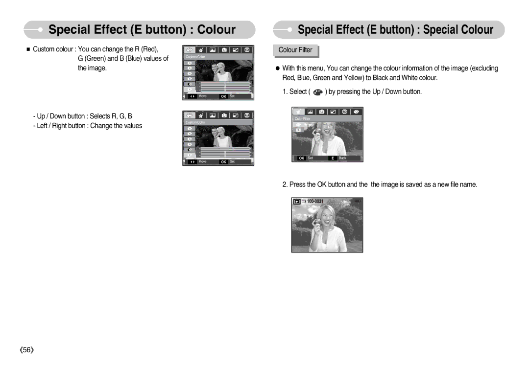 Samsung EC-D70ZZBBB/FR, EC-D70ZZBBC/FR Special Effect E button Special Colour, Select by pressing the Up / Down button 