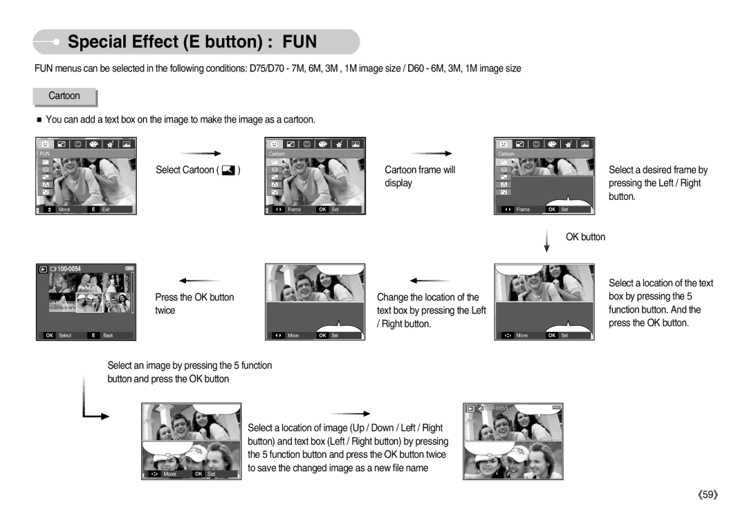 Samsung EC-D60ZZBFB/IT, EC-D70ZZBBC/FR, EC-D70ZZBBB/FR, EC-D60ZZBFL/E1 Cartoon frame will display, Press the OK button twice 