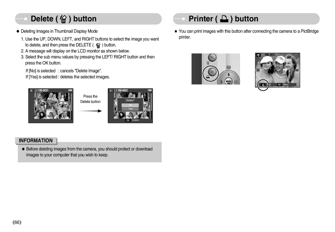 Samsung EC-D70ZZSDB/DE, EC-D70ZZBBC/FR, EC-D70ZZBBB/FR manual Printer button, Deleting Images in Thumbnail Display Mode 