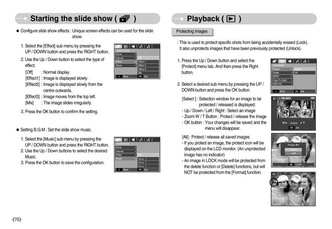 Samsung EC-D70ZZBBB/FR, EC-D70ZZBBC/FR manual Playback, Button, Down button and press the OK button, Menu will disappear 