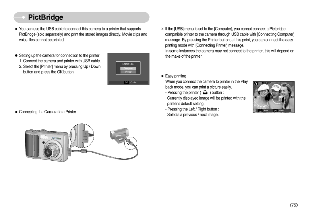 Samsung EC-D60ZZBBD/GB manual PictBridge, Select the Printer menu by pressing Up / Down, Button and press the OK button 