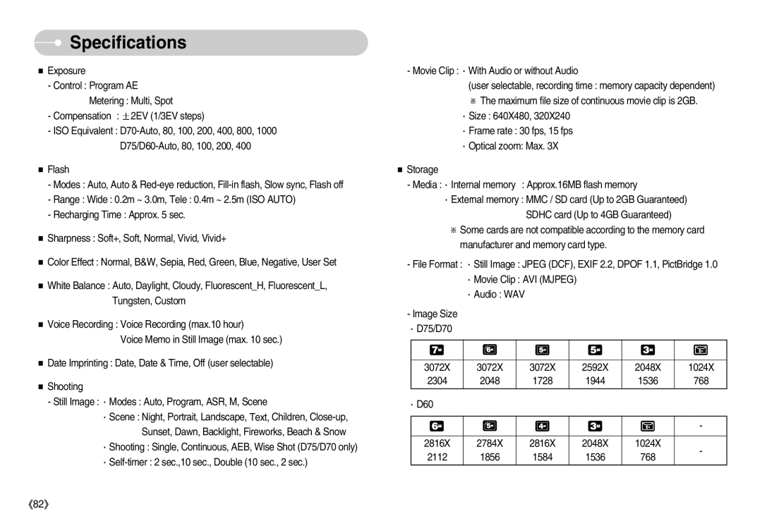 Samsung EC-D70ZZBDB/DE, EC-D70ZZBBC/FR, EC-D70ZZBBB/FR, EC-D60ZZBFL/E1, EC-D60ZZSFM/E1 Exposure, Compensation 2EV 1/3EV steps 