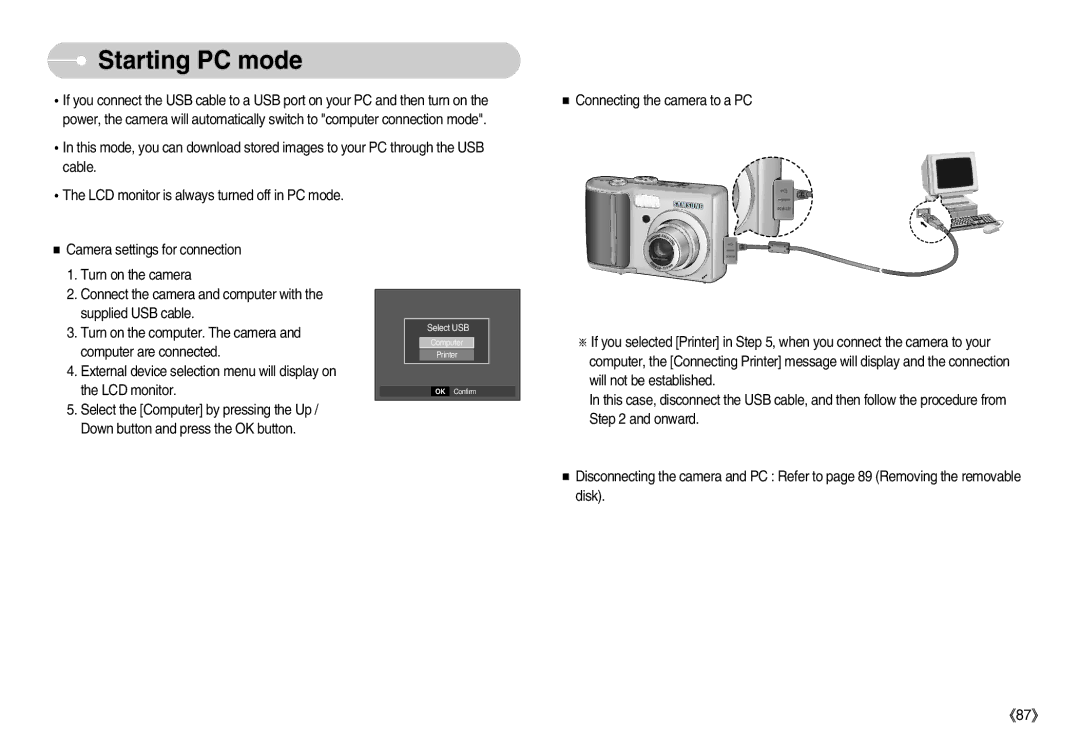 Samsung EC-D60ZZBFB/IT, EC-D70ZZBBC/FR, EC-D70ZZBBB/FR, EC-D60ZZBFL/E1, EC-D60ZZSFM/E1, EC-D75ZZSBB/IT manual Starting PC mode 