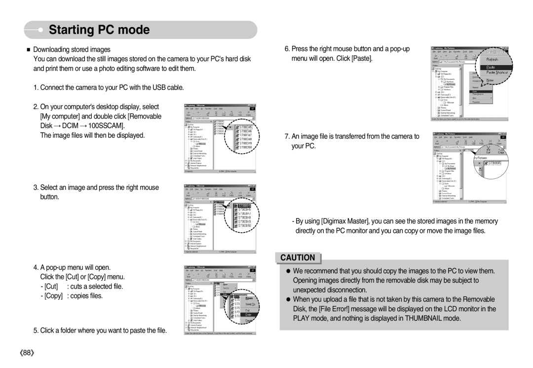 Samsung EC-D75ZZSBB/IT, EC-D70ZZBBC/FR Downloading stored images, Connect the camera to your PC with the USB cable, Cut 