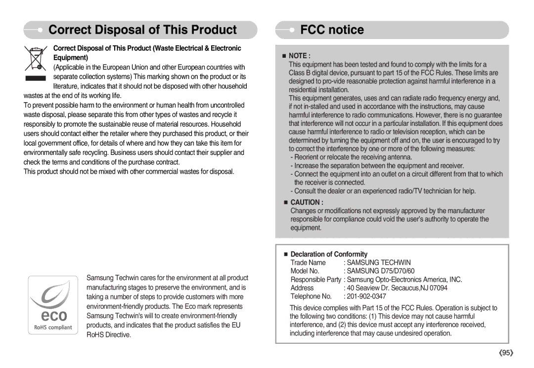 Samsung EC-D60ZZSHB/DE, EC-D70ZZBBC/FR, EC-D70ZZBBB/FR, EC-D60ZZBFL/E1 manual Correct Disposal of This Product, FCC notice 