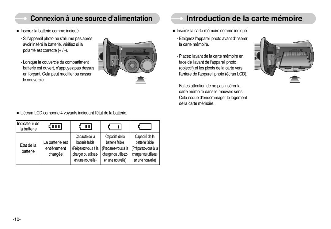 Samsung EC-D60ZZSFM/E1, EC-D70ZZBBC/FR Introduction de la carte mémoire, Insérez la batterie comme indiqué, La batterie 