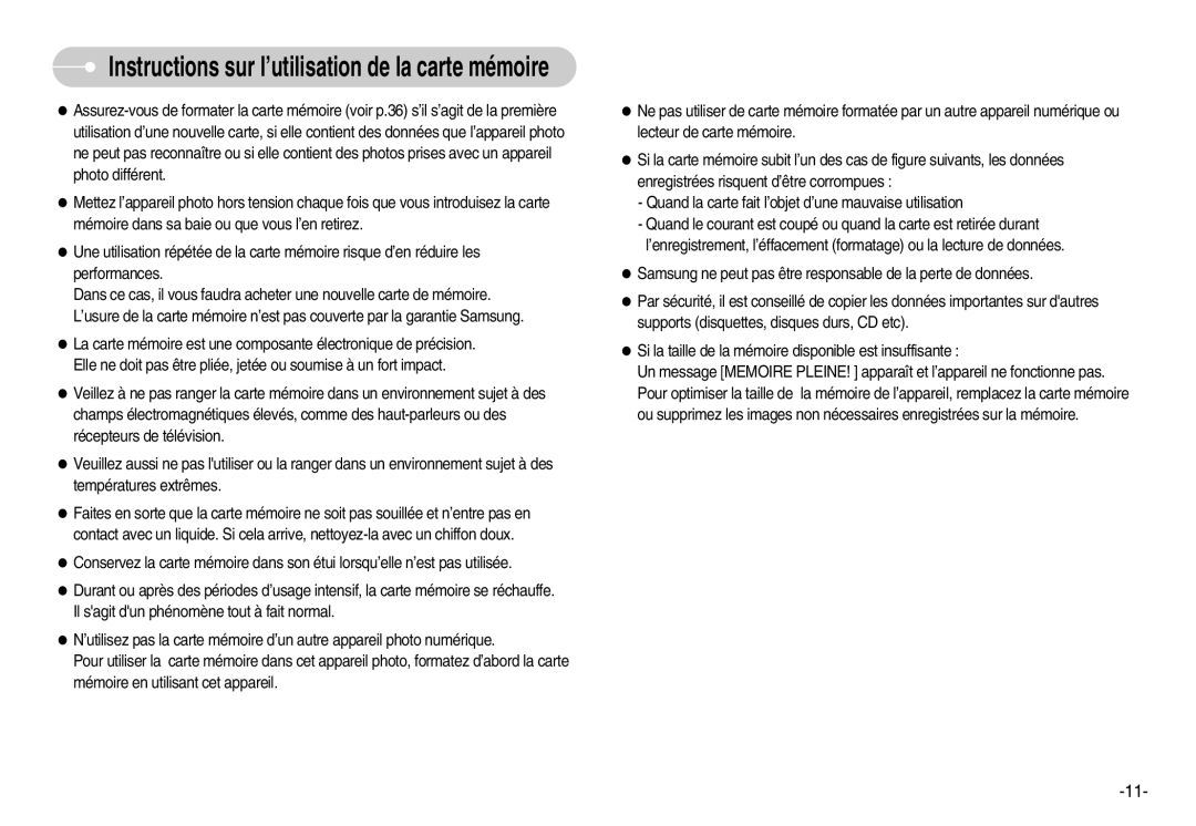 Samsung EC-D70ZZBBC/FR, EC-D70ZZBBB/FR, EC-D60ZZBFL/E1, EC-D60ZZSFM/E1 Instructions sur l’utilisation de la carte mémoire 