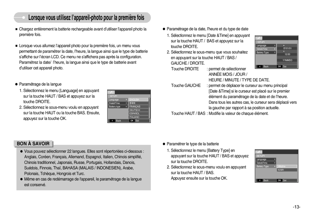 Samsung EC-D60ZZBFL/E1 La gauche par rapport à sa position actuelle, Touche Haut / BAS Modifie la valeur de chaque élément 