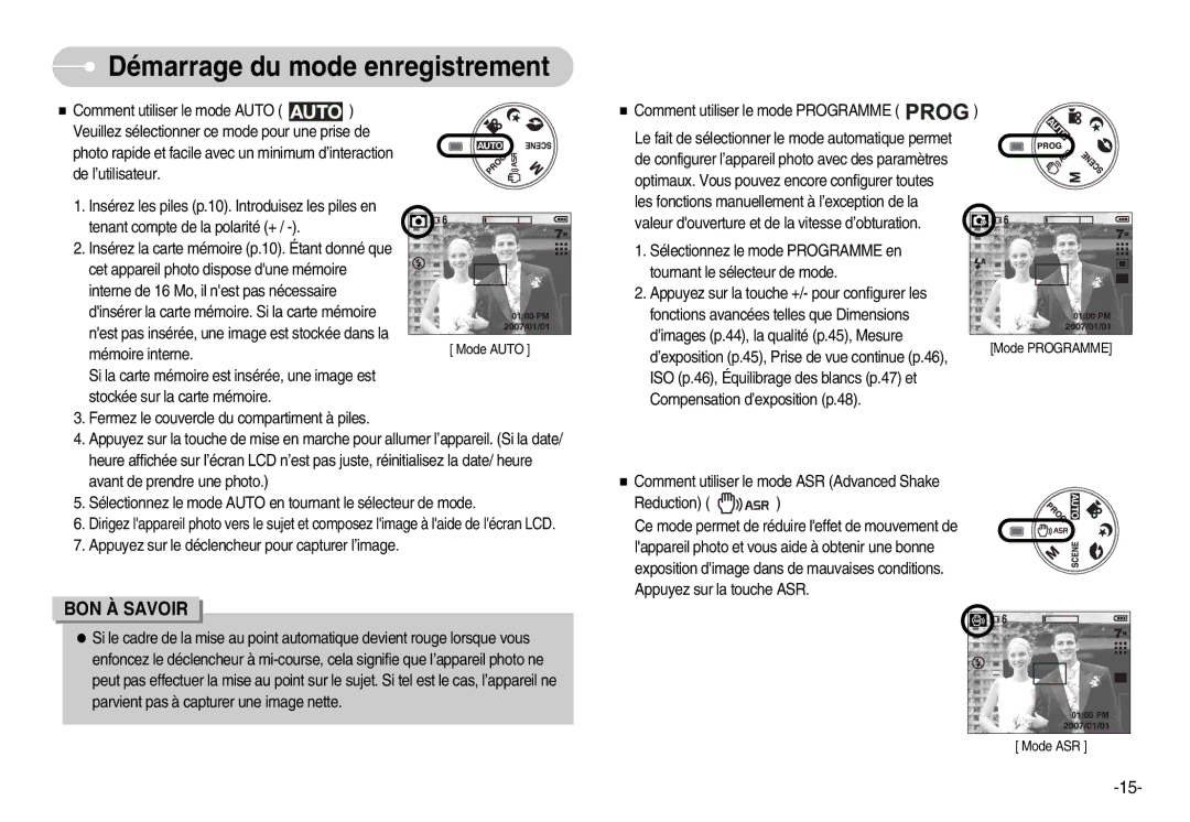 Samsung EC-D70ZZBBC/FR, EC-D70ZZBBB/FR, EC-D60ZZBFL/E1, EC-D60ZZSFM/E1 manual Démarrage du mode enregistrement 