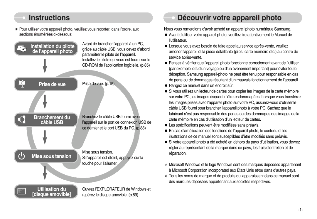 Samsung EC-D60ZZBFL/E1, EC-D70ZZBBC/FR, EC-D70ZZBBB/FR Instructions, Découvrir votre appareil photo, Prise de vue. p.15 