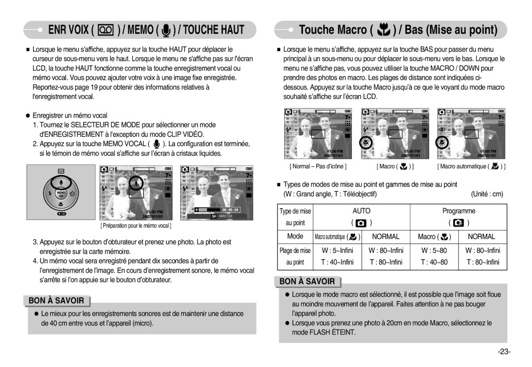 Samsung EC-D70ZZBBC/FR, EC-D70ZZBBB/FR manual Enregistrer un mémo vocal, Grand angle, T Téléobjectif, Auto, Programme, Macro 