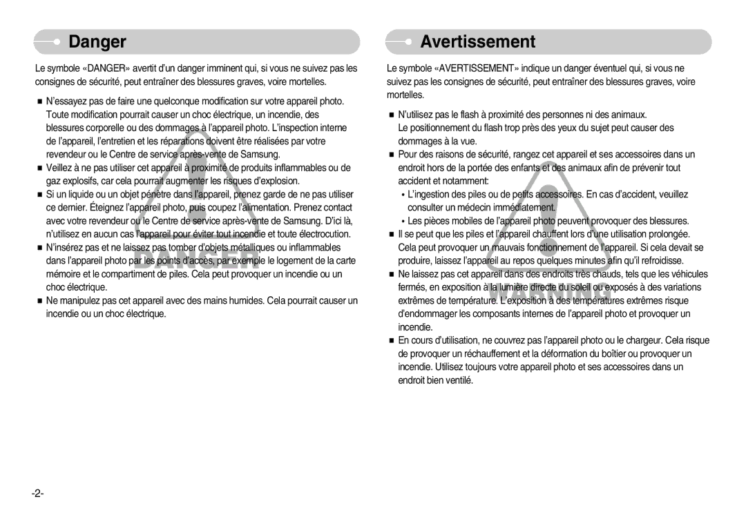 Samsung EC-D60ZZSFM/E1, EC-D70ZZBBC/FR, EC-D70ZZBBB/FR, EC-D60ZZBFL/E1 manual Avertissement 