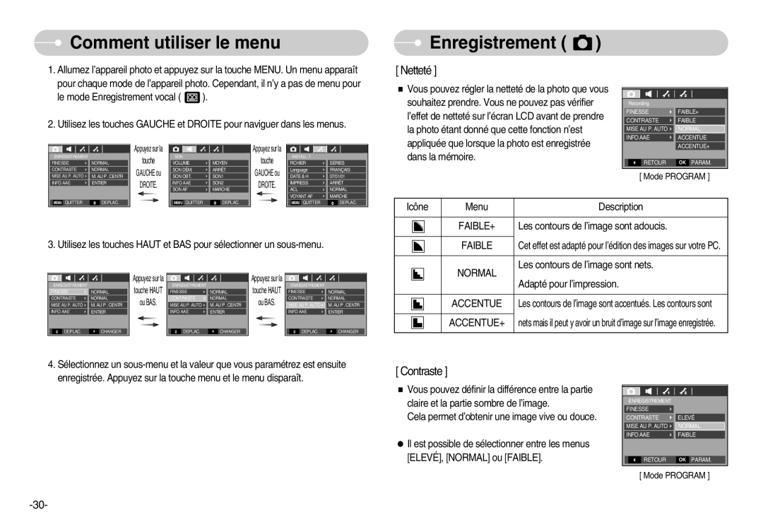 Samsung EC-D60ZZSFM/E1, EC-D70ZZBBC/FR, EC-D70ZZBBB/FR, EC-D60ZZBFL/E1 manual Comment utiliser le menu, Enregistrement, Faible 