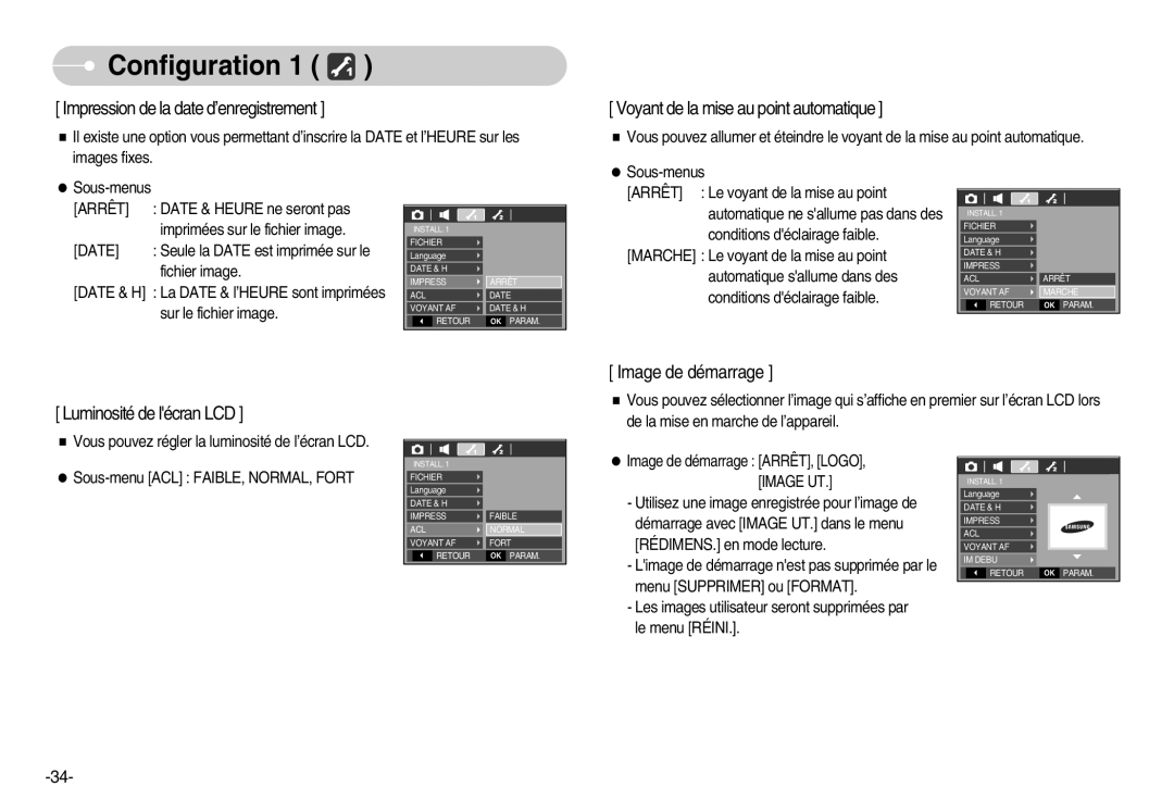 Samsung EC-D60ZZSFM/E1, EC-D70ZZBBC/FR manual Sous-menus, Les images utilisateur seront supprimées par le menu Réini 