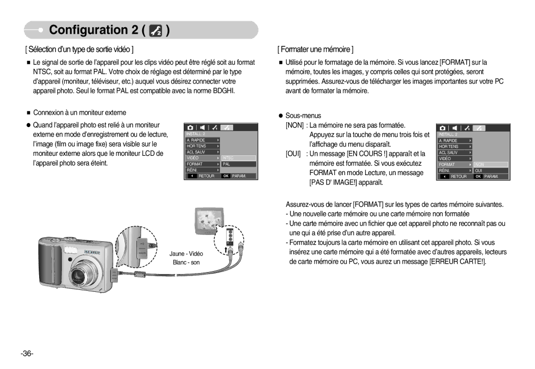 Samsung EC-D70ZZBBB/FR, EC-D70ZZBBC/FR, EC-D60ZZBFL/E1 Sélection d’un type de sortie vidéo, Connexion à un moniteur externe 