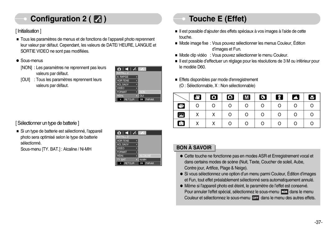 Samsung EC-D60ZZBFL/E1, EC-D70ZZBBC/FR, EC-D70ZZBBB/FR, EC-D60ZZSFM/E1 manual Touche E Effet, Initialisation 