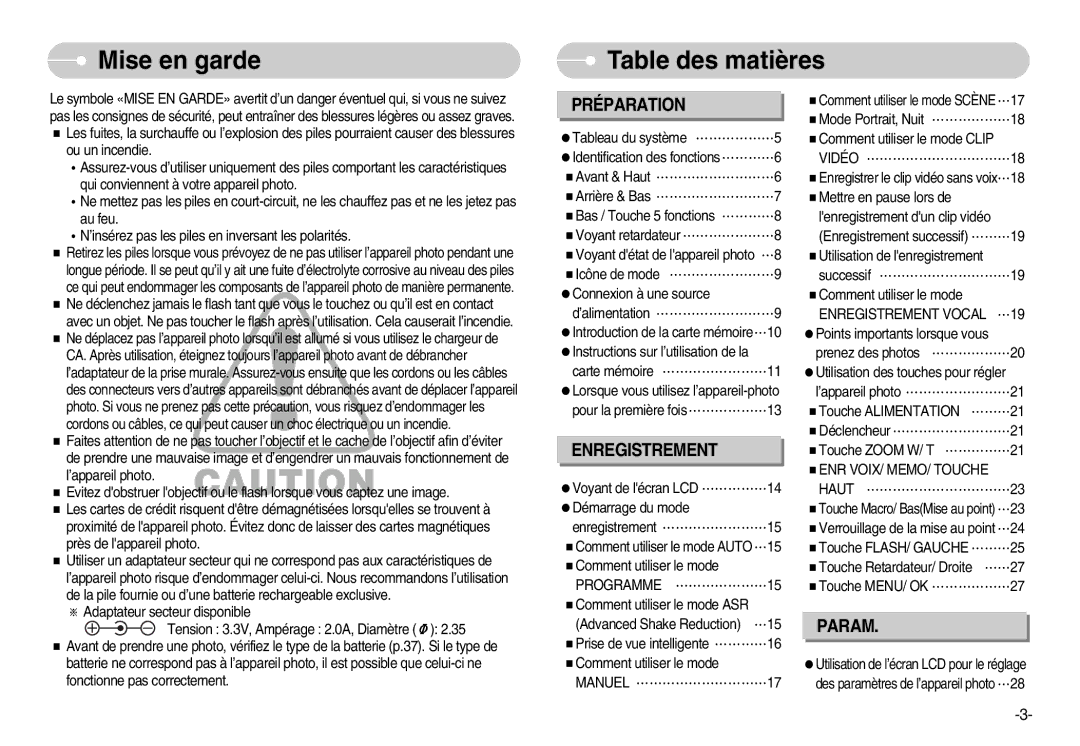 Samsung EC-D70ZZBBC/FR, EC-D70ZZBBB/FR, EC-D60ZZBFL/E1, EC-D60ZZSFM/E1 manual Mise en garde, Table des matières 