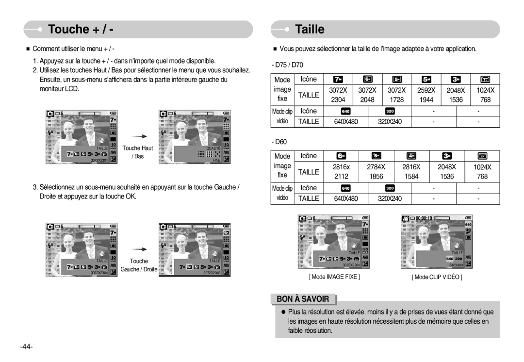 Samsung EC-D70ZZBBB/FR, EC-D70ZZBBC/FR, EC-D60ZZBFL/E1, EC-D60ZZSFM/E1 manual Taille 