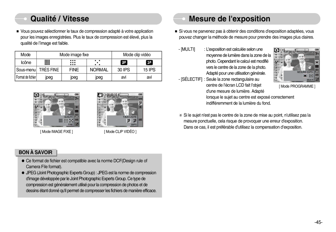 Samsung EC-D60ZZBFL/E1, EC-D70ZZBBC/FR, EC-D70ZZBBB/FR, EC-D60ZZSFM/E1 manual Qualité / Vitesse, Mesure de lexposition, Multi 