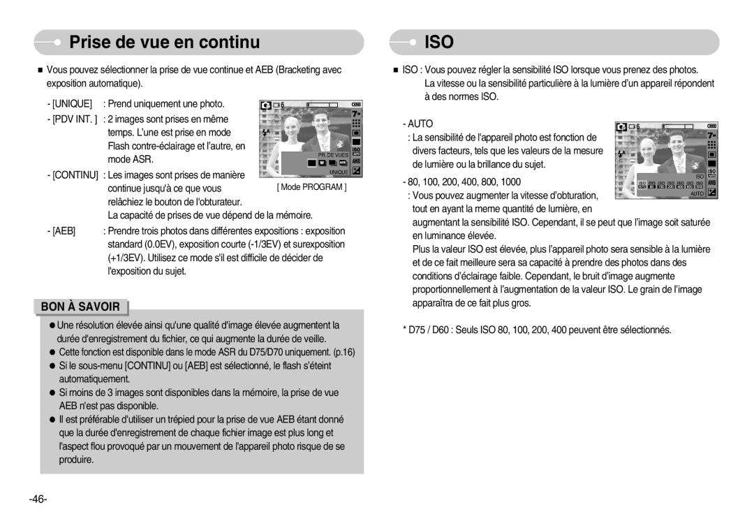 Samsung EC-D60ZZSFM/E1, EC-D70ZZBBC/FR Prise de vue en continu, Lexposition du sujet, De lumière ou la brillance du sujet 