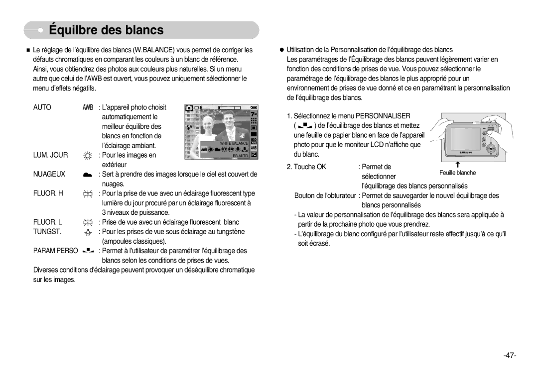 Samsung EC-D70ZZBBC/FR, EC-D70ZZBBB/FR, EC-D60ZZBFL/E1, EC-D60ZZSFM/E1 manual Équilbre des blancs 