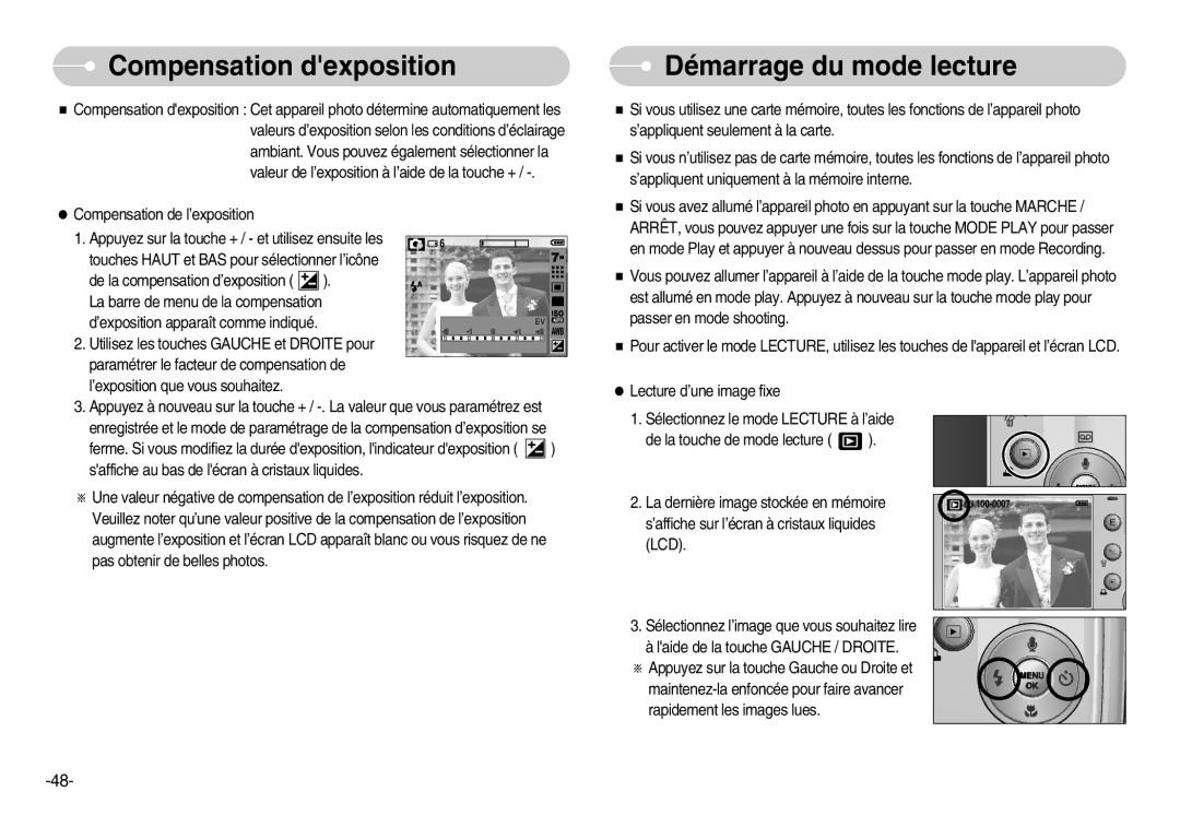 Samsung EC-D70ZZBBB/FR, EC-D70ZZBBC/FR Compensation dexposition, Démarrage du mode lecture, Compensation de l’exposition 