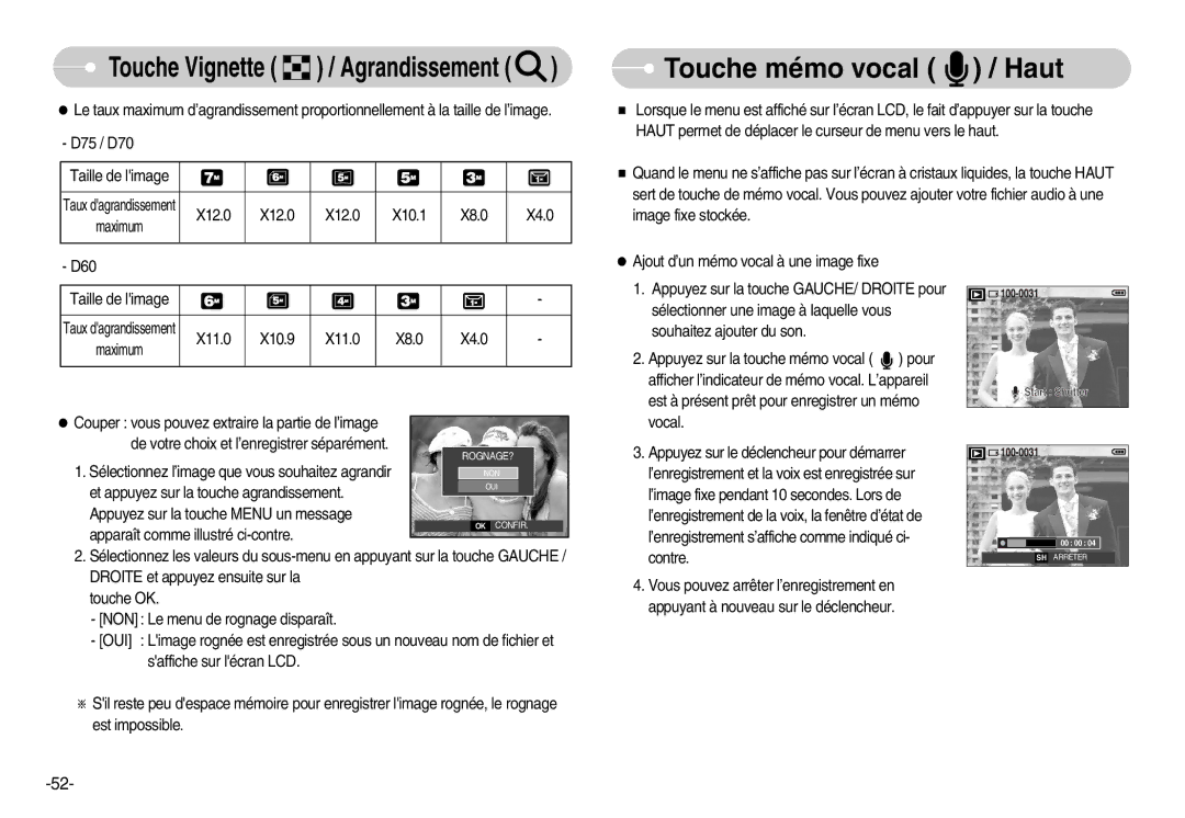 Samsung EC-D70ZZBBB/FR, EC-D70ZZBBC/FR manual Touche mémo vocal / Haut, X12.0 X10.1 X8.0 X4.0, X11.0 X10.9 X8.0 X4.0 