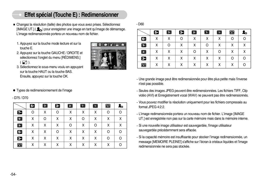 Samsung EC-D60ZZSFM/E1 manual D60 Appuyez sur la touche mode lecture et sur la touche E, ’est pas possible, Format Jpeg 