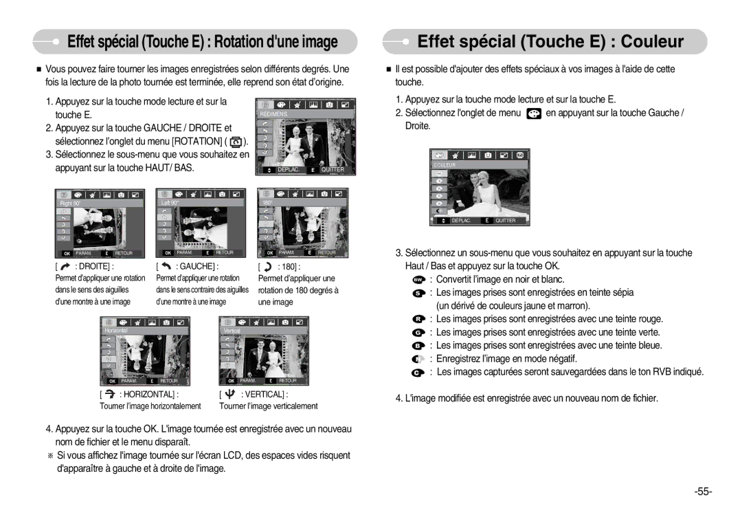 Samsung EC-D70ZZBBC/FR manual Touche E, Appuyant sur la touche HAUT/ BAS, Haut / Bas et appuyez sur la touche OK 