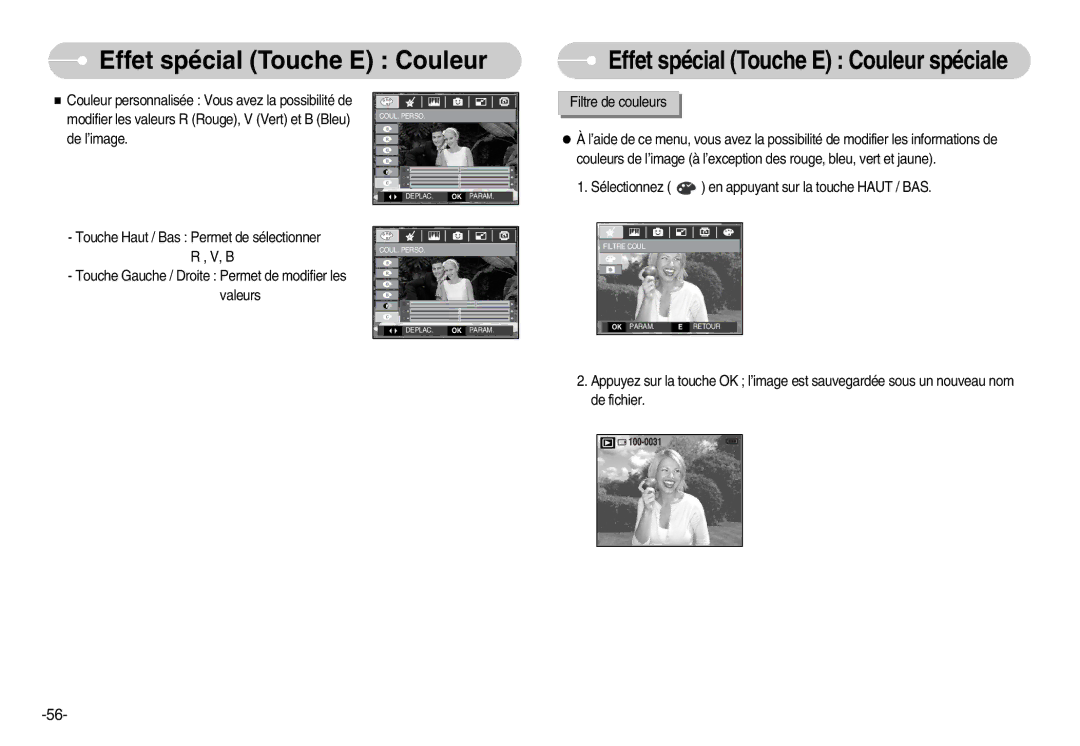 Samsung EC-D70ZZBBB/FR manual Effet spécial Touche E Couleur spéciale, Sélectionnez en appuyant sur la touche Haut / BAS 