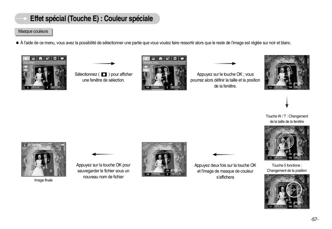 Samsung EC-D60ZZBFL/E1 manual Effet spécial Touche E Couleur spéciale, Masque couleurs, Appuyez sur le touche OK vous 