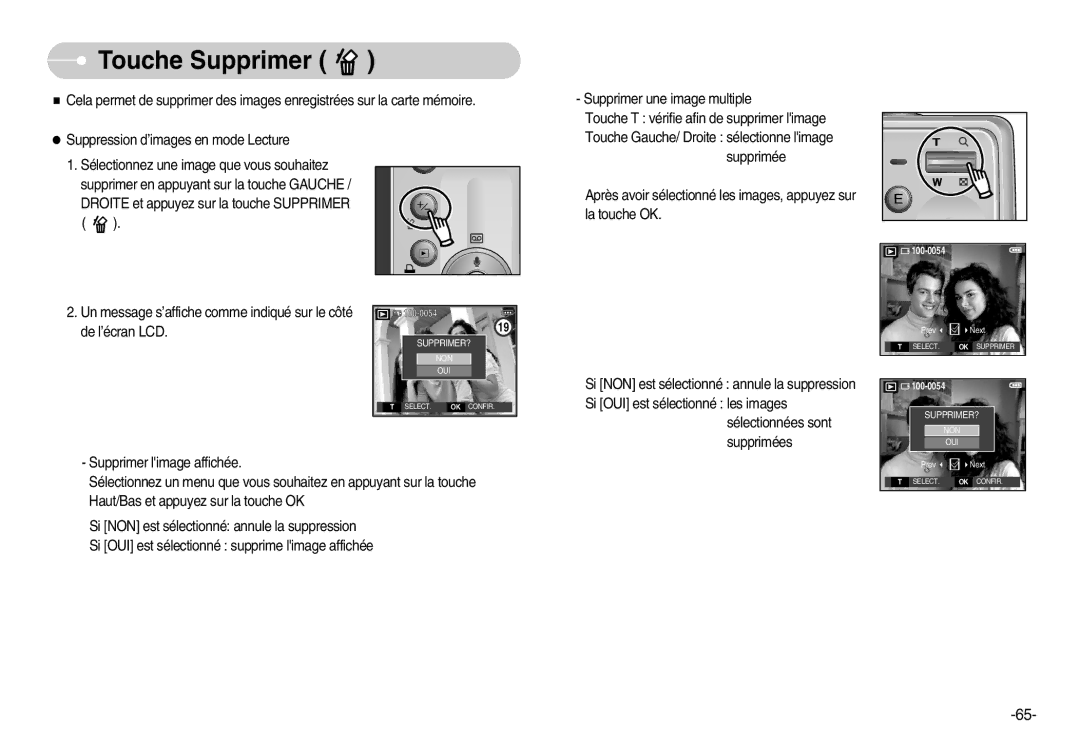 Samsung EC-D60ZZBFL/E1, EC-D70ZZBBC/FR, EC-D70ZZBBB/FR, EC-D60ZZSFM/E1 manual Touche Supprimer, Supprimer une image multiple 