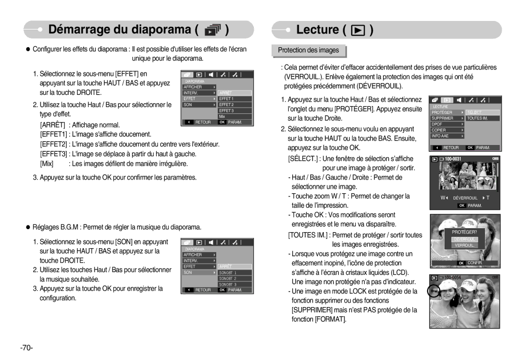 Samsung EC-D60ZZSFM/E1, EC-D70ZZBBC/FR, EC-D70ZZBBB/FR manual Lecture, Appuyez sur la touche OK pour confirmer les paramètres 