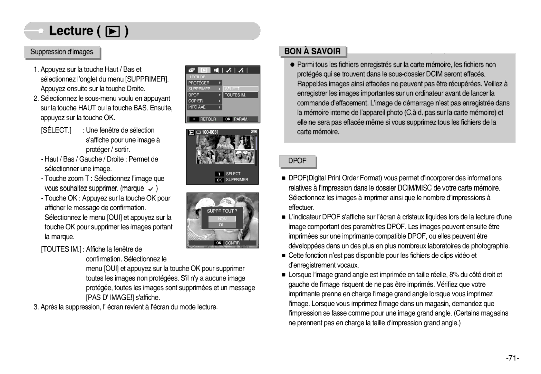 Samsung EC-D70ZZBBC/FR, EC-D70ZZBBB/FR, EC-D60ZZBFL/E1 manual Touche zoom T Sélectionnez l’image que, La marque, Dpof 