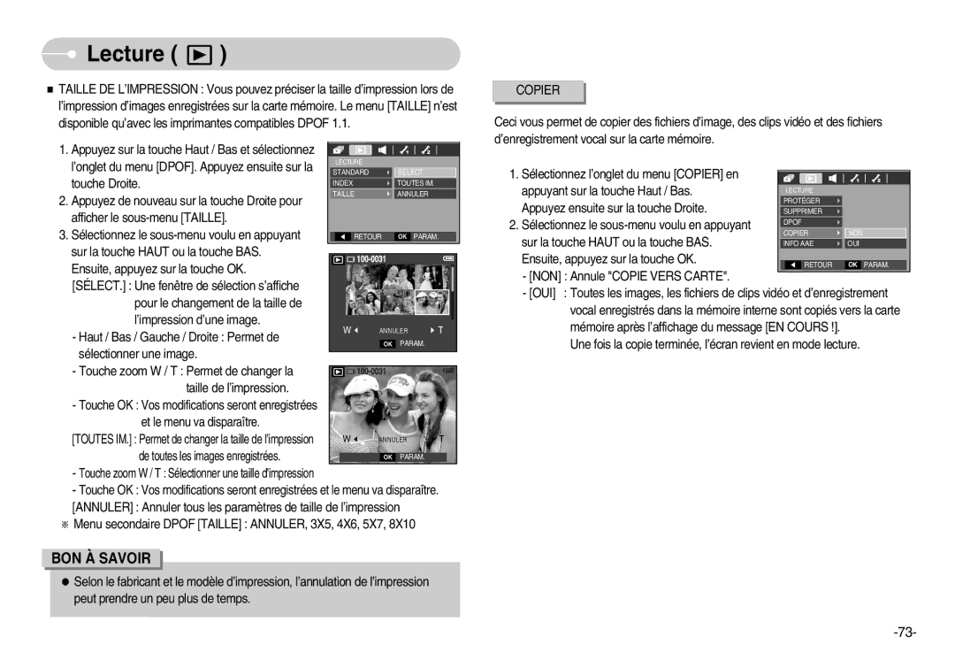 Samsung EC-D60ZZBFL/E1, EC-D70ZZBBC/FR manual Afficher le sous-menu Taille, ’impression d’une image, Taille de l’impression 