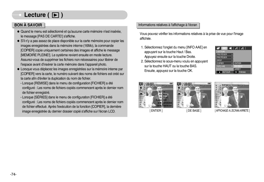 Samsung EC-D60ZZSFM/E1, EC-D70ZZBBC/FR, EC-D70ZZBBB/FR, EC-D60ZZBFL/E1 manual Appuyez ensuite sur la touche Droite 