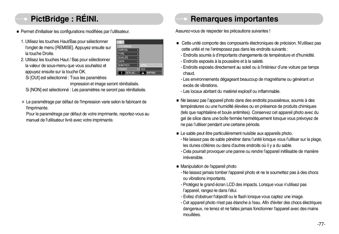 Samsung EC-D60ZZBFL/E1 manual PictBridge Réini, Remarques importantes, Assurez-vous de respecter les précautions suivantes 