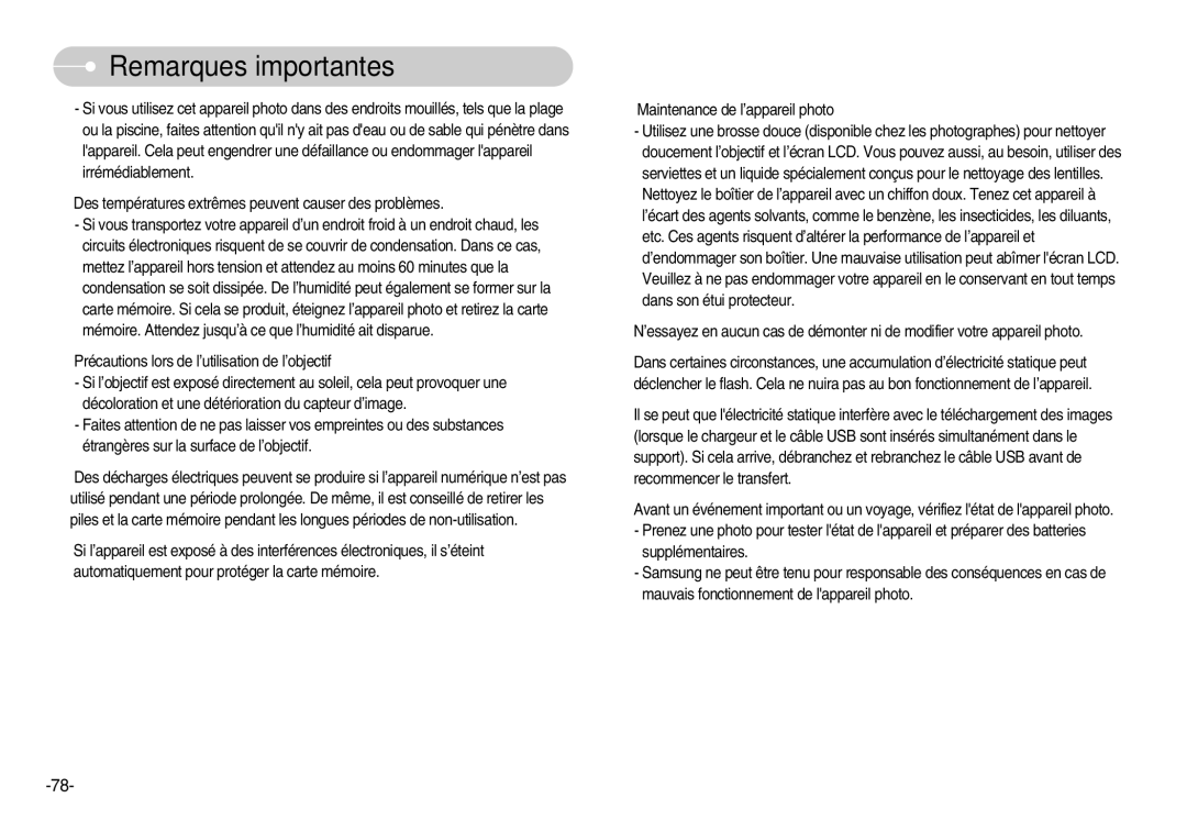 Samsung EC-D60ZZSFM/E1, EC-D70ZZBBC/FR Précautions lors de l’utilisation de l’objectif, Maintenance de l’appareil photo 