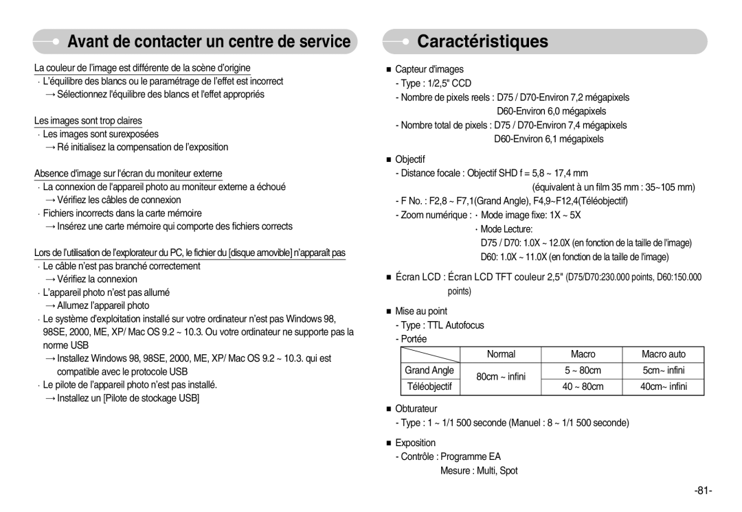 Samsung EC-D60ZZBFL/E1, EC-D70ZZBBC/FR, EC-D70ZZBBB/FR, EC-D60ZZSFM/E1 manual Caractéristiques, Capteur dimages Type 1/2,5 CCD 