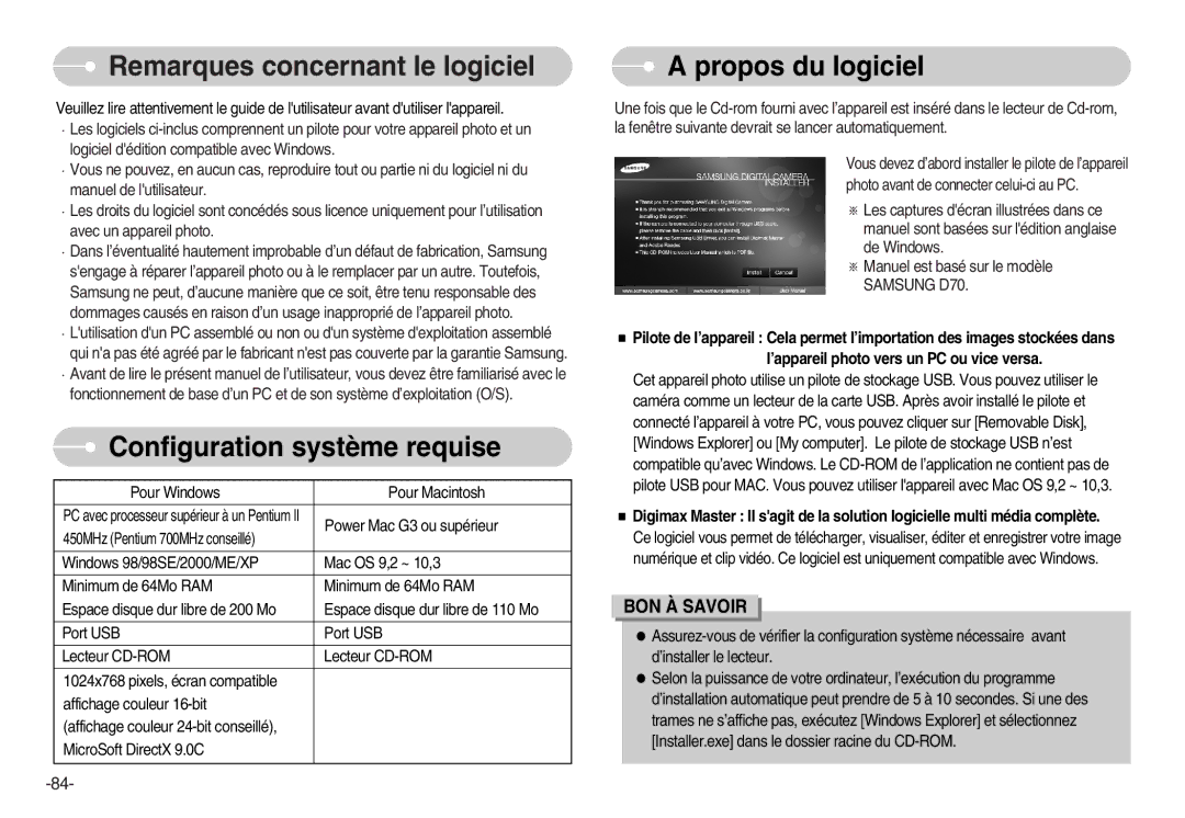 Samsung EC-D70ZZBBB/FR, EC-D70ZZBBC/FR Remarques concernant le logiciel, Configuration système requise, Propos du logiciel 