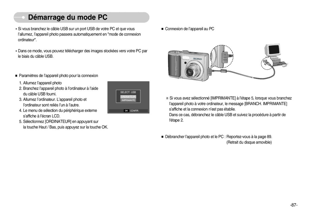 Samsung EC-D70ZZBBC/FR, EC-D70ZZBBB/FR, EC-D60ZZBFL/E1, EC-D60ZZSFM/E1 manual Démarrage du mode PC 