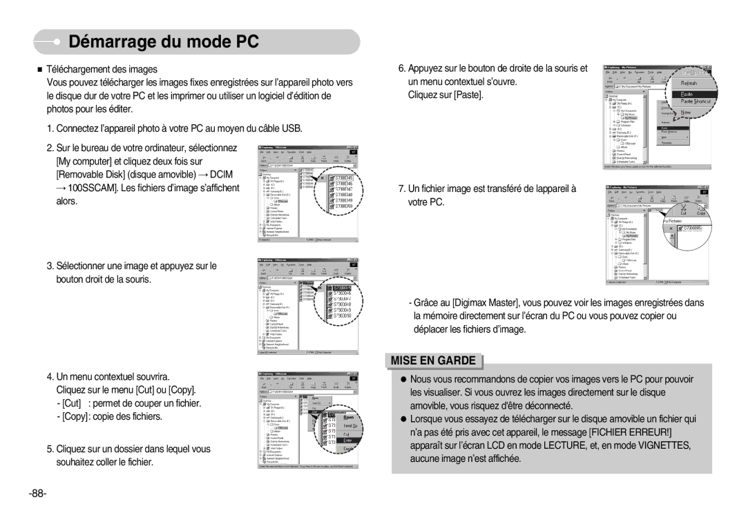 Samsung EC-D70ZZBBB/FR, EC-D70ZZBBC/FR, EC-D60ZZBFL/E1, EC-D60ZZSFM/E1 manual Mise EN Garde 