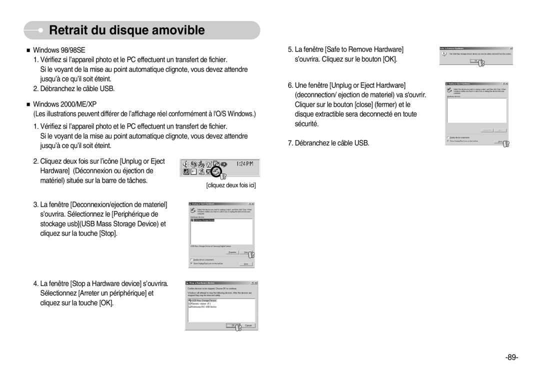 Samsung EC-D60ZZBFL/E1, EC-D70ZZBBC/FR, EC-D70ZZBBB/FR Retrait du disque amovible, Matériel située sur la barre de tâches 