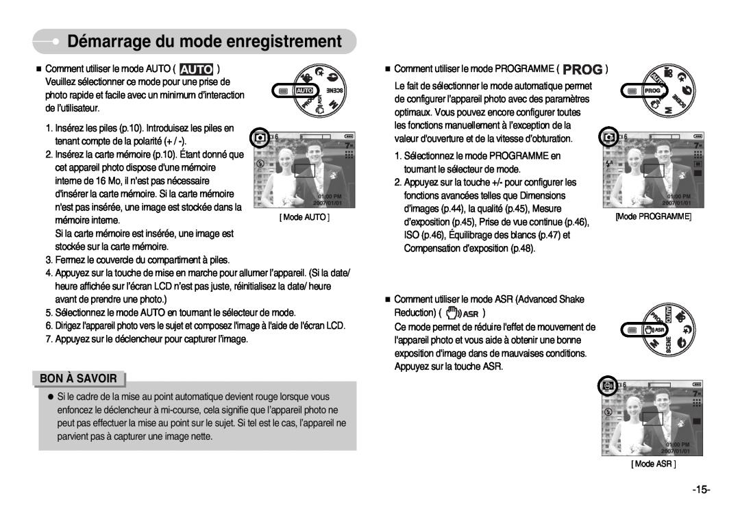 Samsung EC-D70ZZBBC/FR manual Démarrage du mode enregistrement, Bon À Savoir, Comment utiliser le mode PROGRAMME, Reduction 
