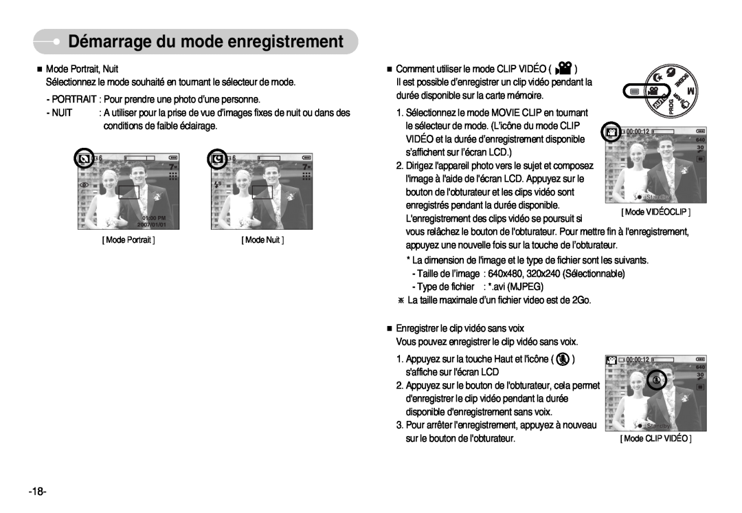 Samsung EC-D60ZZSFM/E1, EC-D70ZZBBC/FR, EC-D70ZZBBB/FR, EC-D60ZZBFL/E1 manual Démarrage du mode enregistrement, Mode Portrait 