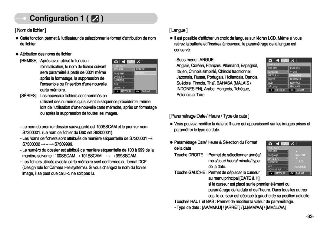 Samsung EC-D60ZZBFL/E1 manual Configuration, Nom de fichier, Langue, Paramétrage Date / Heure / Type de date, carte mémoire 