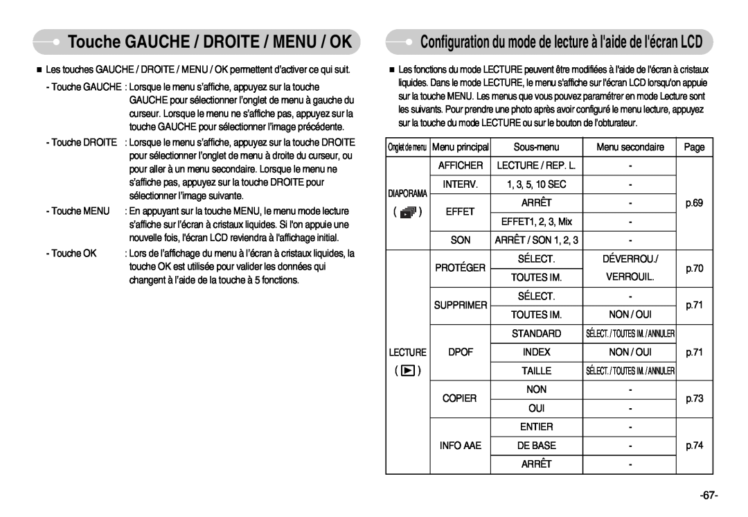 Samsung EC-D70ZZBBC/FR manual Touche GAUCHE / DROITE / MENU / OK, Configuration du mode de lecture à laide de lécran LCD 